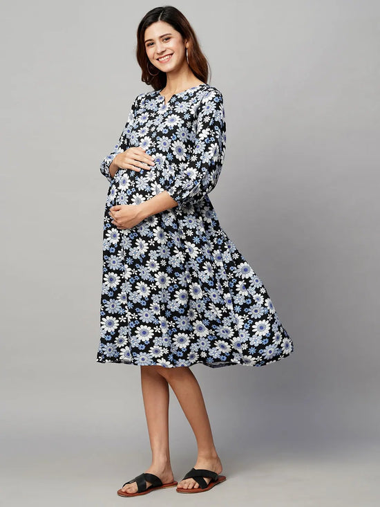 MomToBe Floral Printed Maternity A-Line Midi Sustainable Dress-1188mtbblkflowerd-l