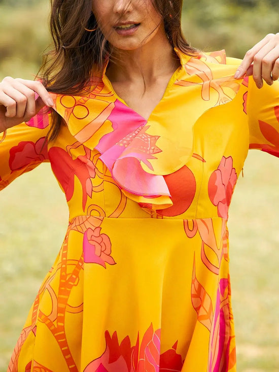 Frill Neck mini skater dress in Yellow Print