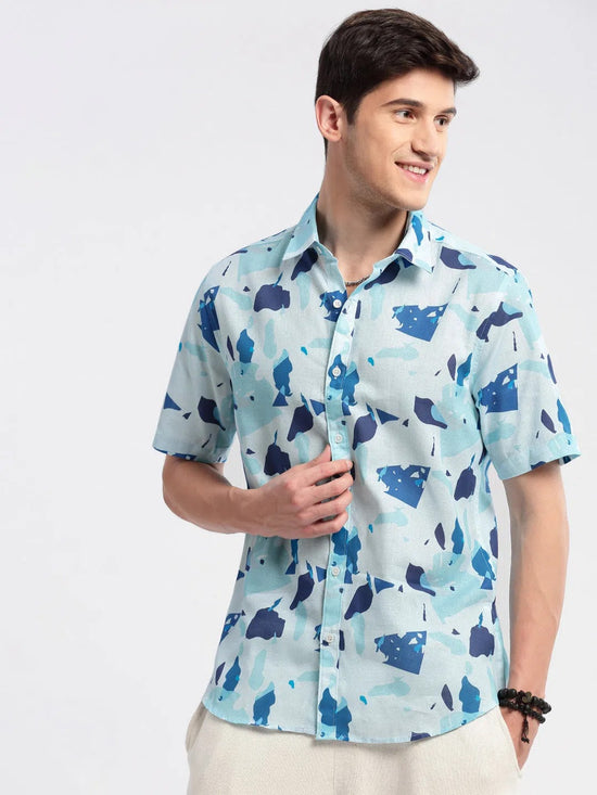 Men Spread Collar Abstract Blue Casual Shirt-NAHAR-2173-Blue