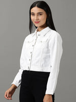 Women's White Solid Denim Jacket-IM-10322-White