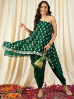 One Shoulder Assymettric Top with Dhoti Pants in Green Color