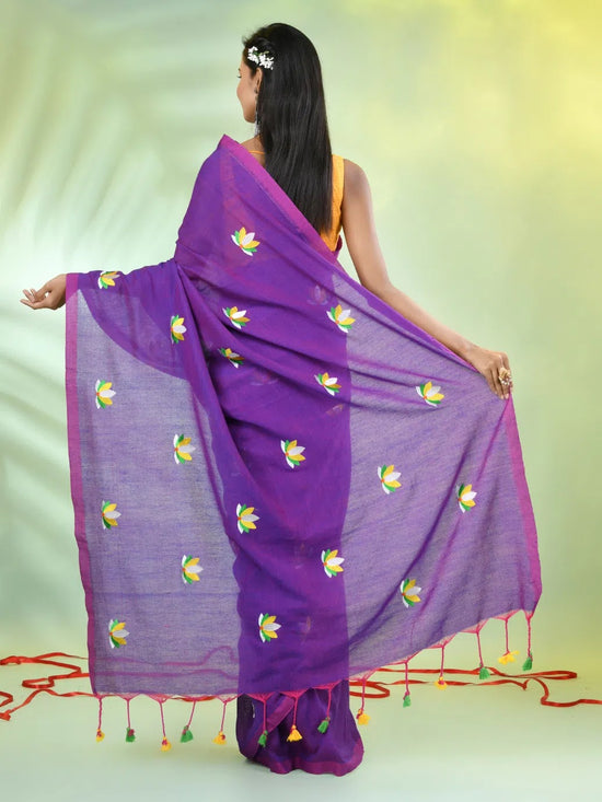 All Over Thread Embroidery Violet Cotton Handspun Saree-MA62CH33660054