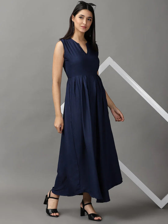 Women's Navy Blue Solid Fit and Flare Dress-AE-15750-Navyblue