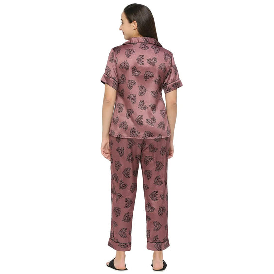 Smarty Pants Women's Silk Satin Chocolate Color Paw Print Night Suit