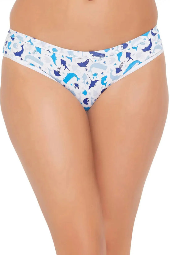 Clovia Low Waist Dolphin Print Bikini Panty in White - Cotton