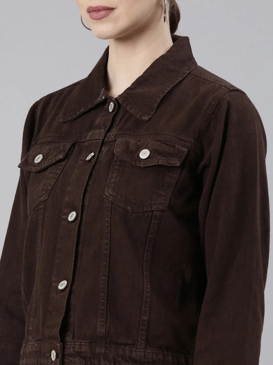 Women Coffee Brown Solid Denim Jacket-GZ-5598-Coffeebrown