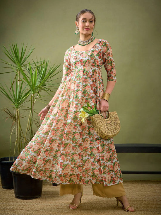 Women Peach Chanderi Floral Anarkali Maxi Dress-SHDRS11008_XS