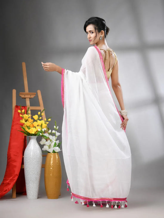 White Mul Cotton Soft Saree With Gota Patti Borders-MA62MCT33880008