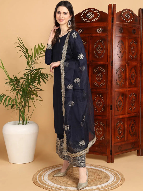 Ahika Women Navy Blue Silk Blend Solid Straight Kurta Palazzo Set With Dupatta