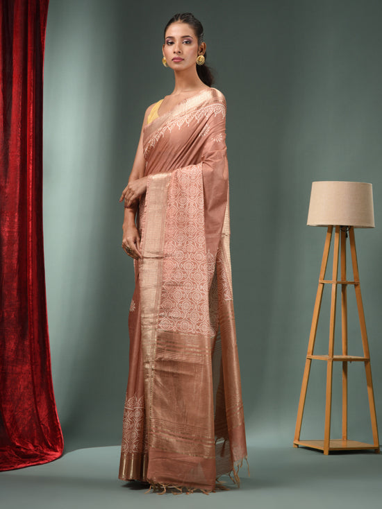 Beige Blended Silk Handwoven Saree With Woven Zari Border-MA50BSL34830126