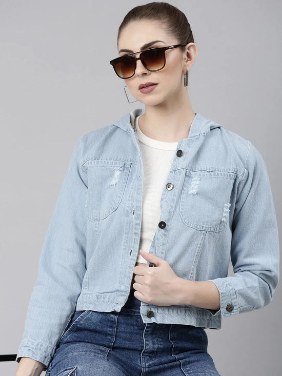 Women Blue Solid Denim Jacket-GZ-9513-Blue