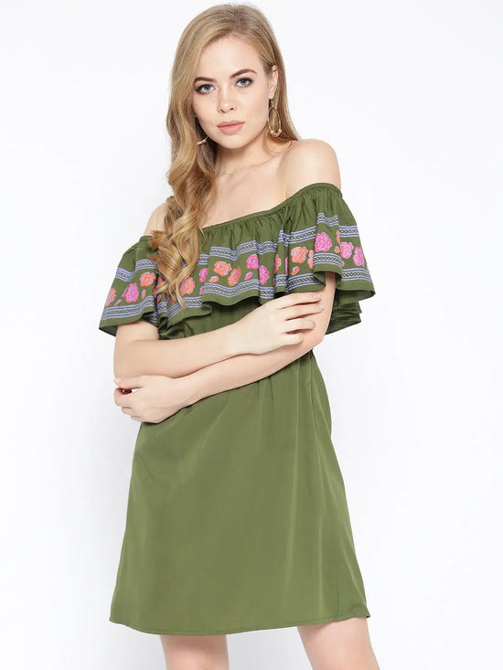 Off shoulder mini dress with print on the frill in Green