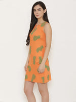 Block Printed shift dress with large side gathered pockets in Peach