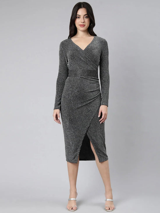 Women Solid Grey Sheath Dress comes with Belt-6633-Grey