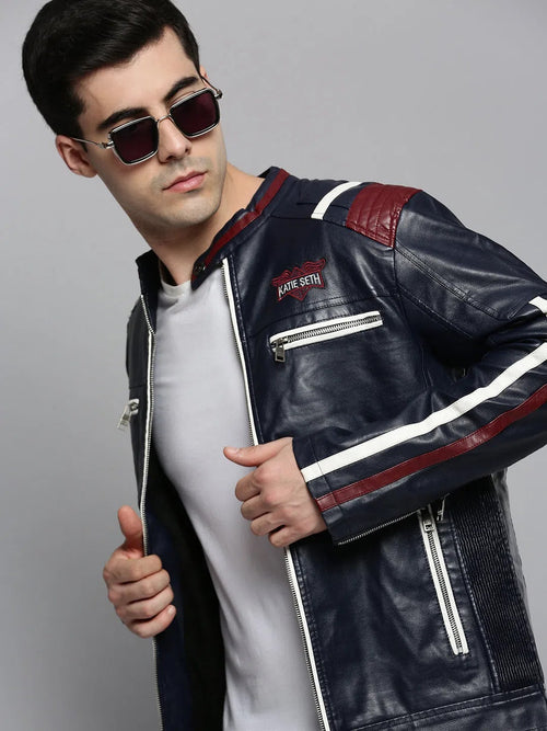 Men Navy Solid Leather Jacket-6802-Navyblue