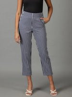 Women's Navy Blue Striped Formal Trouser-IM-9897-Navyblue