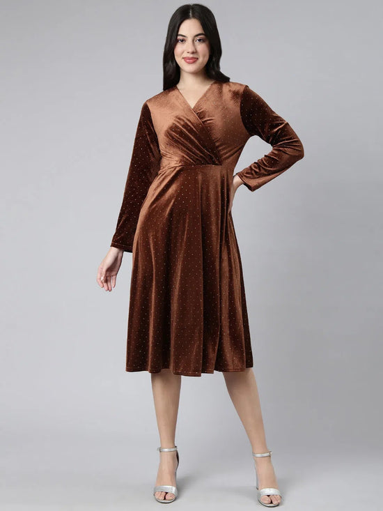 Women Embellished Brown A-Line Dress-308-Brown