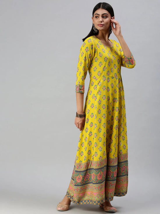 Women's Yellow Printed Anarkali Kurta-RF1245-Yellow