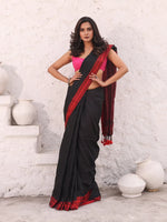 Black Pure Cotton Saree With Temple Border-MA54CT33440070