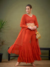 Women Red Crop Top With Tiered Sharara & Shrug