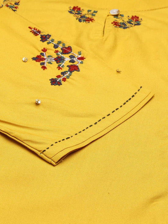 Women's Yellow Embroidered Straight Kurta-DF-1202A-Yellow