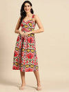 Corset Top Midi Dress in Red and Cream Ikkat Print