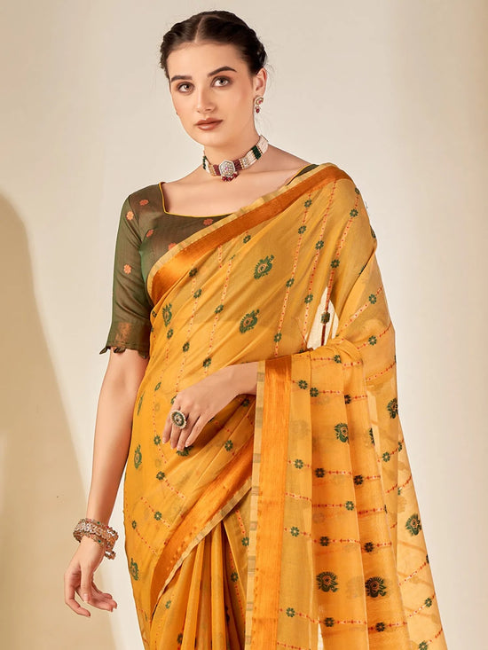 Saree Mall Women's Cotton Blend Yellow Woven Design Designer Saree With Blouse Piece-MYSHA82305