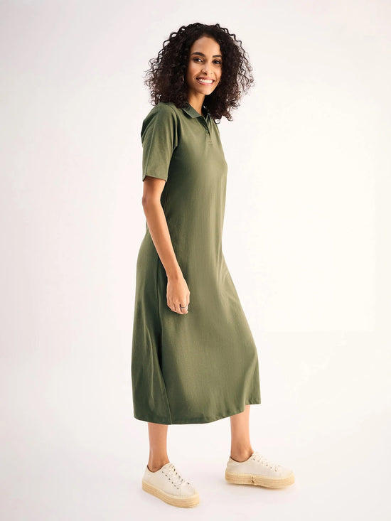 Women Olive Oversized Collar T-Shirt Dress