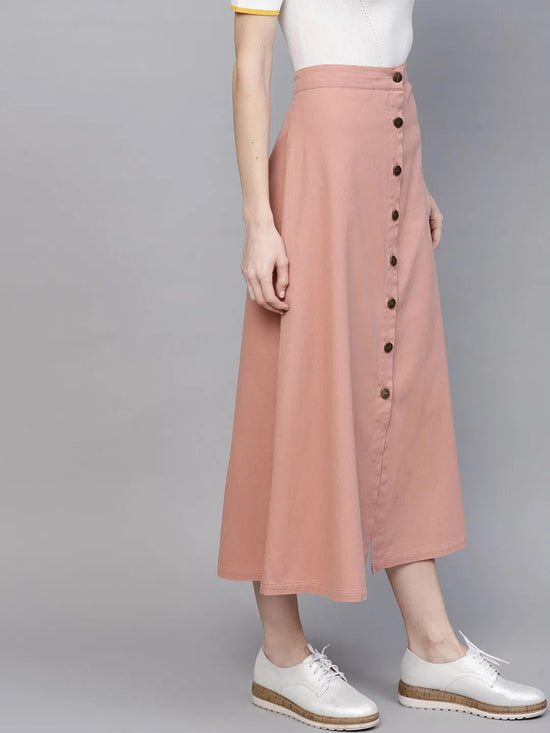 Pink Denim Longline Buttoned Skirt