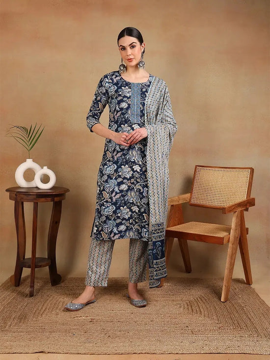 Ahika Women Blue Rayon Blend Printed Straight Kurta Pant Set-VKSKD2169_XS