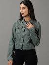 Women's Green Solid Denim Jacket-IM-10375-Green