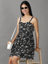 Women's Black Printed Fit and Flare Dress-AE-15733-Black