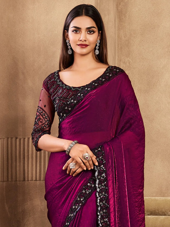 Saree Mall Women's Satin  Magenta Embellished Designer Saree With Blouse Piece-SRVATN7908