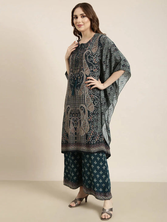 Women Teal Printed Tunic & Trousers Set-DW-5727-Teal