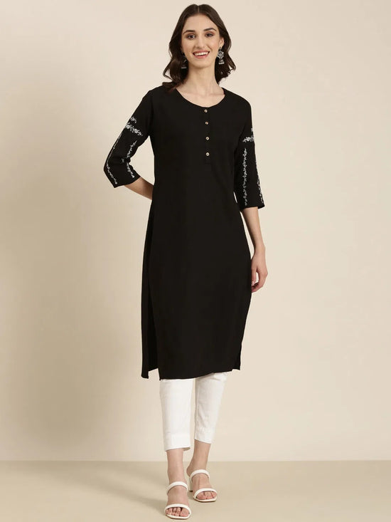 Women Black Solid Straight Kurta-DF-1580-Black