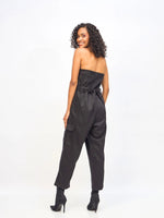 Women Black Twill Off-Shoulder Belted Jumpsuit