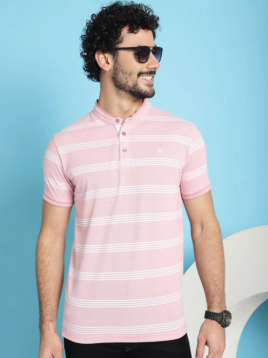 Venitian Men Henley Neck Striped Cotton Pink T-Shirt