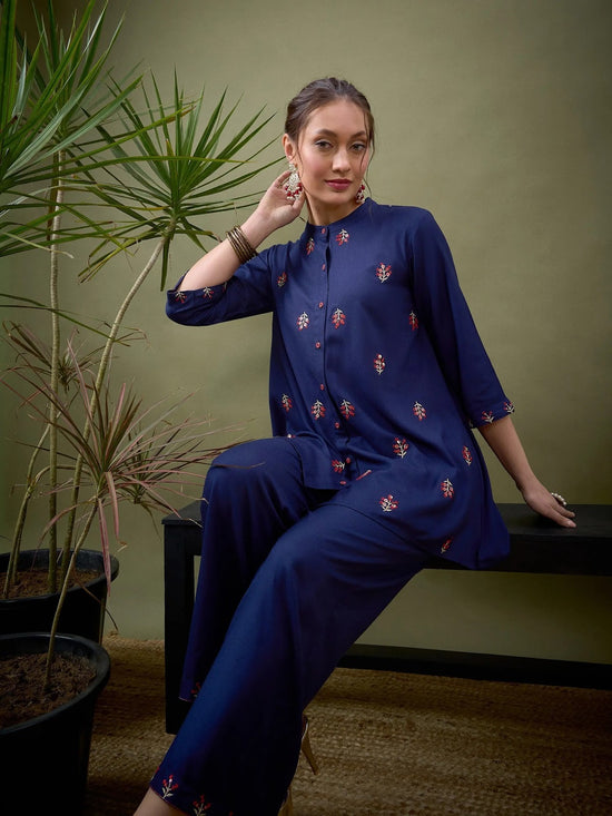 Women Royal Blue All Over Embroidered Shirt With Palazzos