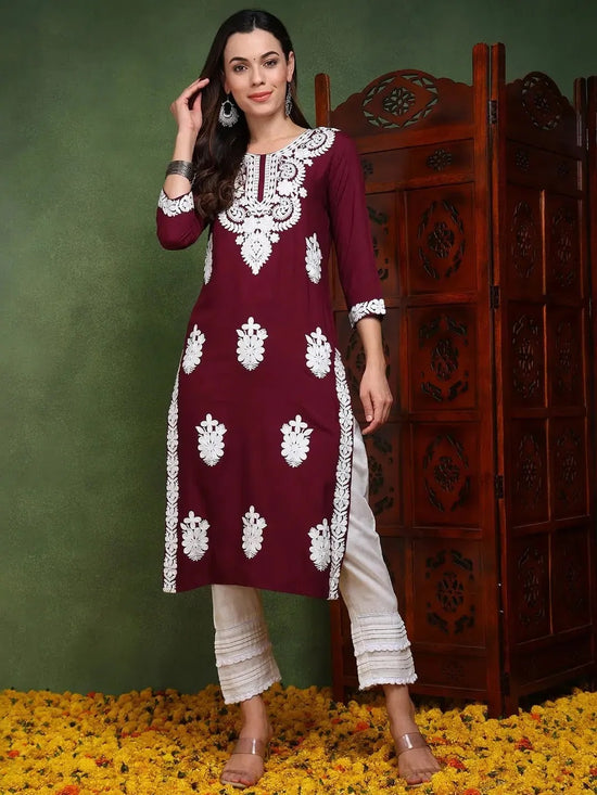 Ahika Women Burgundy Viscose Rayon Solid Embroidered Chikankari Straight Kurta