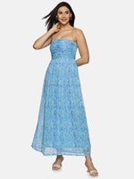 Floral Blue Front Gathered Maxi Dress-17349