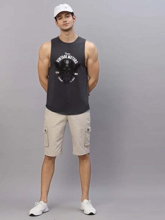 Rigo Dark Grey Printed Sleeveless Round Neck T-Shirt Vest