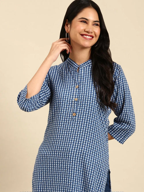 Women's Blue Printed Straight Kurta-GW-500-B-Blue