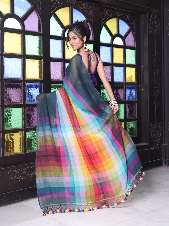 Bottle Green And Multicolor Colorblocked Mulmul Cotton Saree-MA64MCT33770057