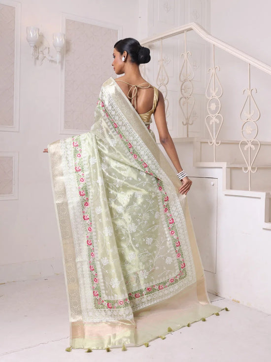 All Over Thread Embroidery Pistachio Green Tissue Saree With Zari Borders-MA64TIS461600009