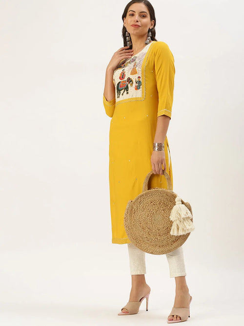 Women's Yellow Embellished Straight Kurta-JC-12-Yellow