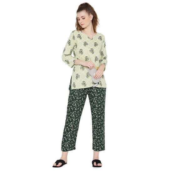 Smarty Pants Women's Cotton Green Color Floral Print Night Suit