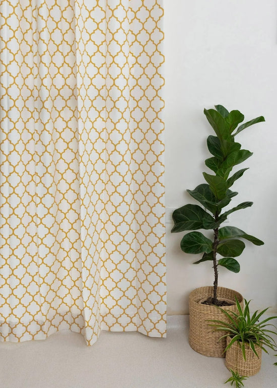 Trellis Printed 100% cotton geometric curtain for bed room - Room darkening - Mustard - Pack of 1-230422097