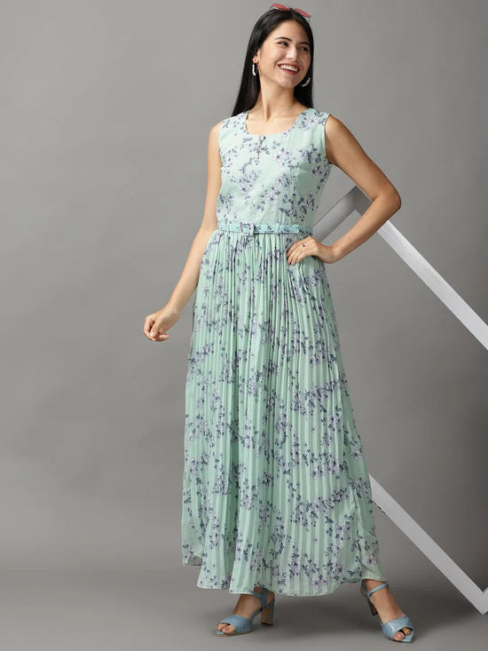 Women's Green Floral Fit and Flare Dress-KG-502-Green