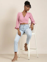 Women Pink Solid Wrap Crop Top-AE-10672-Pink