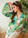 Women Green Placement Floral Oversize Shirt